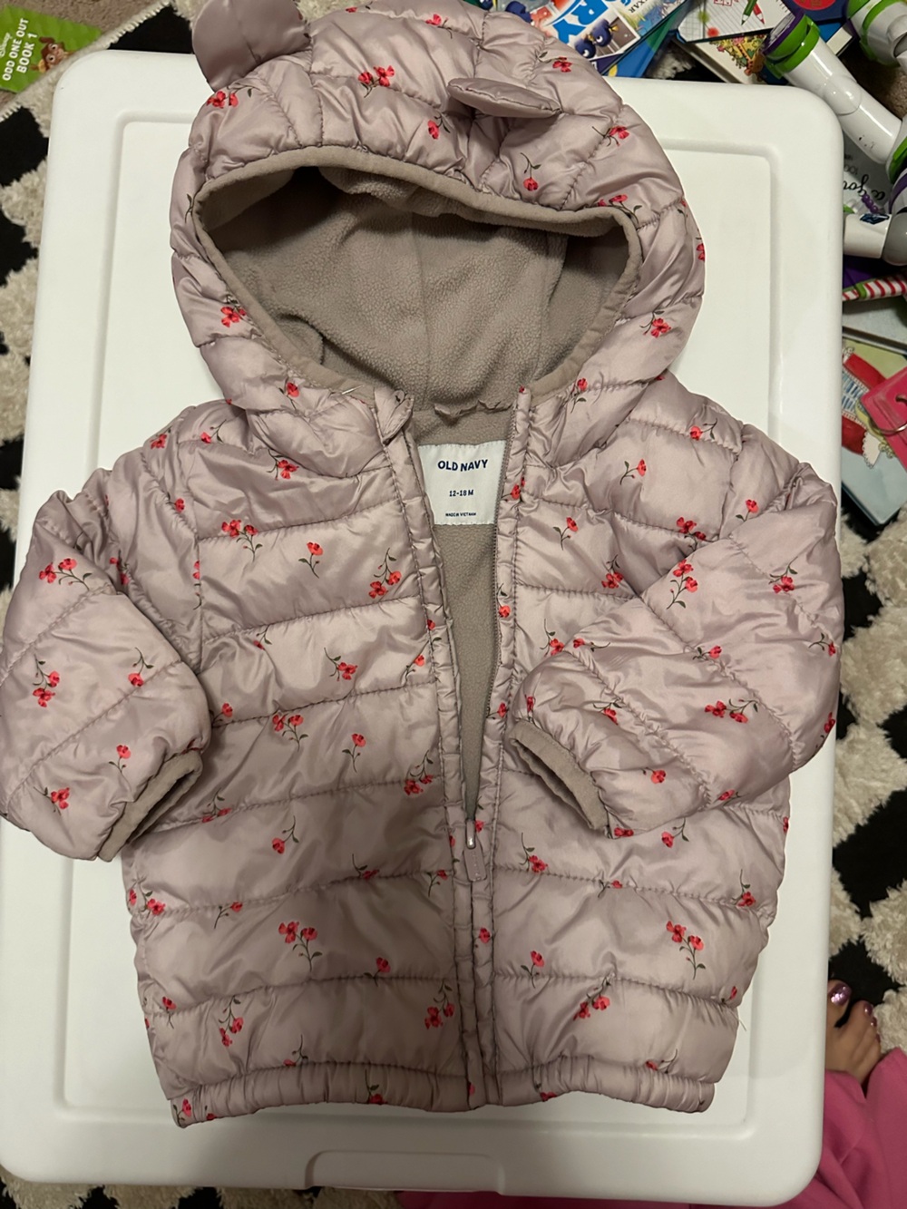 Old Navy Light Pink Puffer Jacket with Red Floral Print - Kids